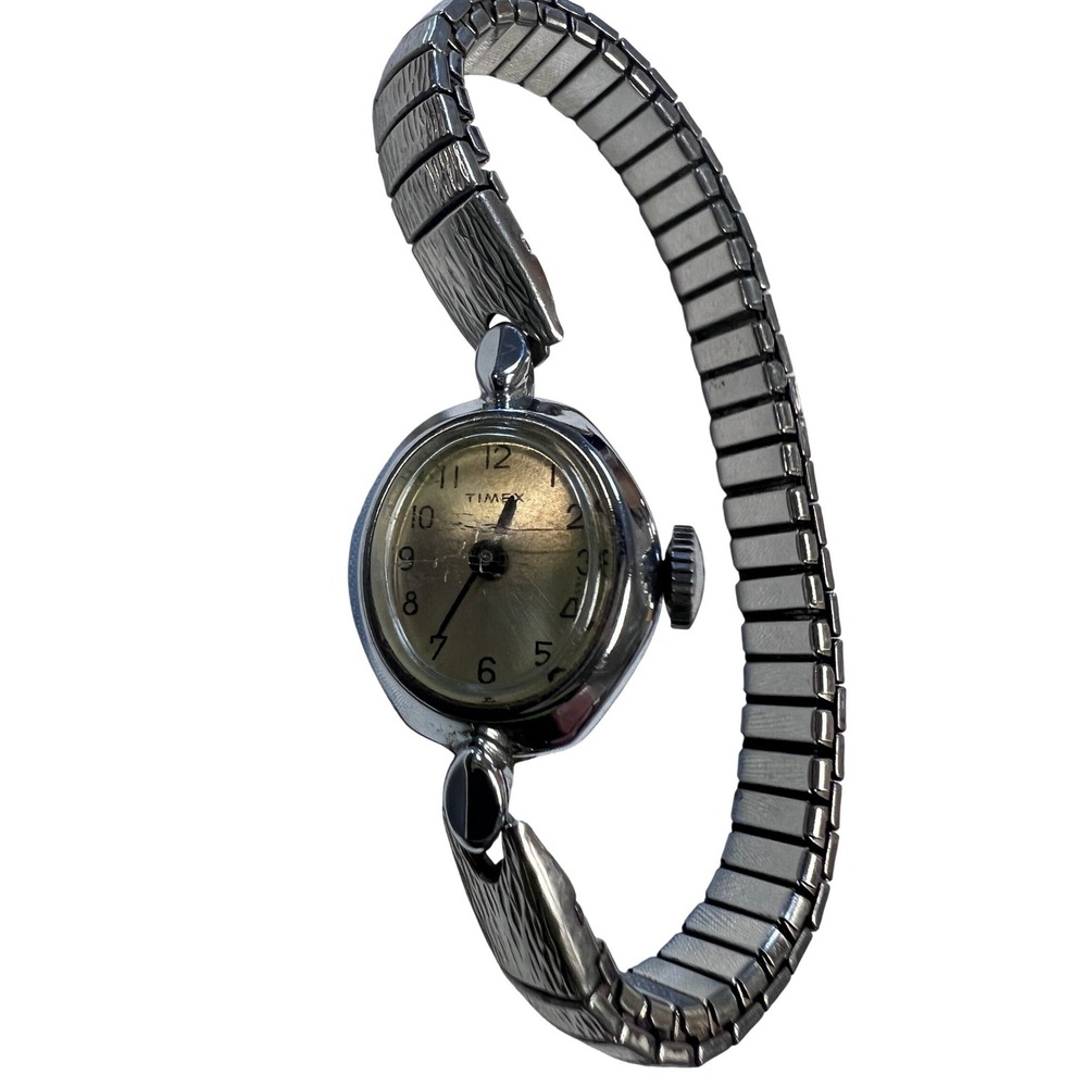 Timex Wristwatch Women OS Silver Good Vintage Mechanical Wind Up Oval Dial
